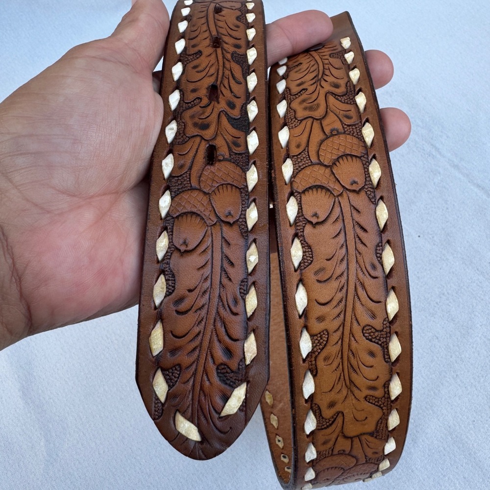 Justin Belt only 30 Brown Vintage Tooled Leather Whipstitch Western Boho 674D